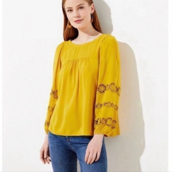 NWT LOFT Boho Embroidered Sleeve Top, Color Mustard Size M - Picture 1 of 16